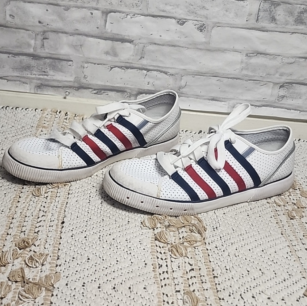 K Swiss Classic Red Blue Stripe White Sneakers Tennis Shoes - Picture 12 of 13